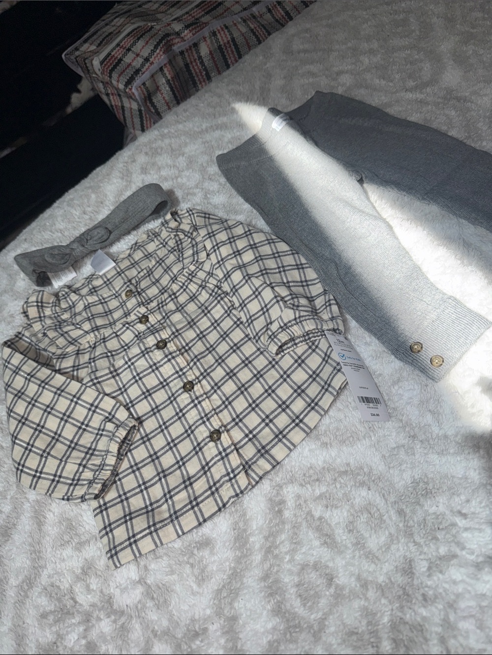 Carter's Beige and Navy Plaid Button-Front Top with Gray Cardigan